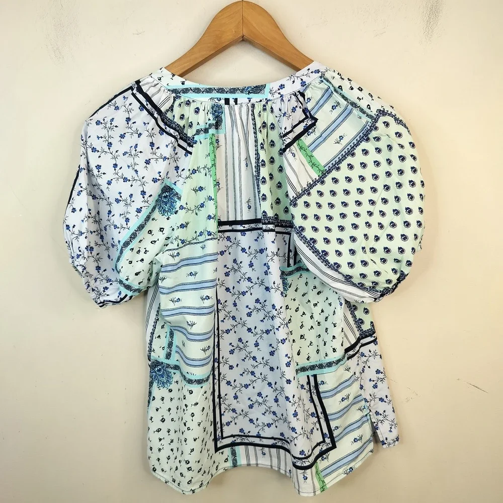LOFT Patchwork Floral Blouse Womens XS Short Puff Sleeve Cottage Boho Blue